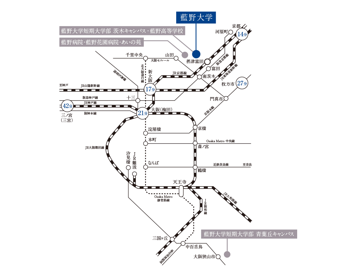 藍野大学までの主な交通路線図